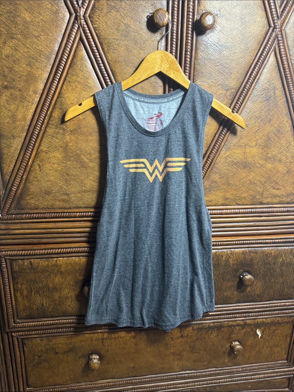 Gray Wonder Woman Sleeveless Tank Top with Gold Emblem oversized tank
